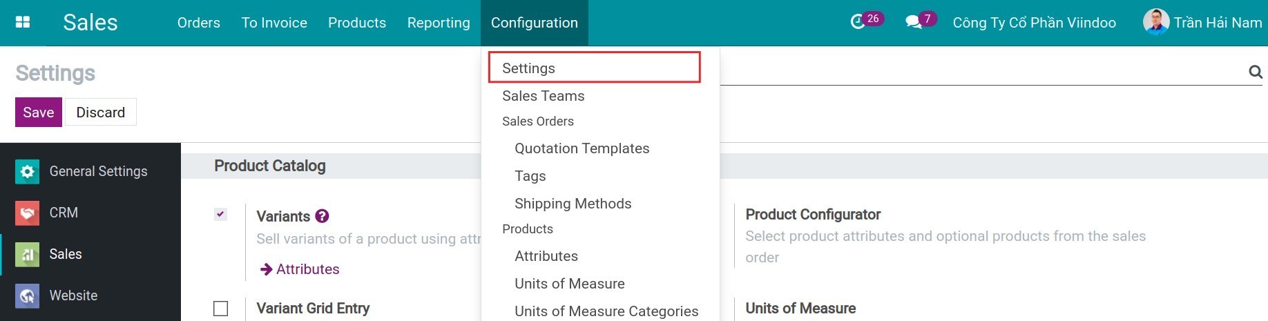 Configure the optional product in Sales - Viindoo.