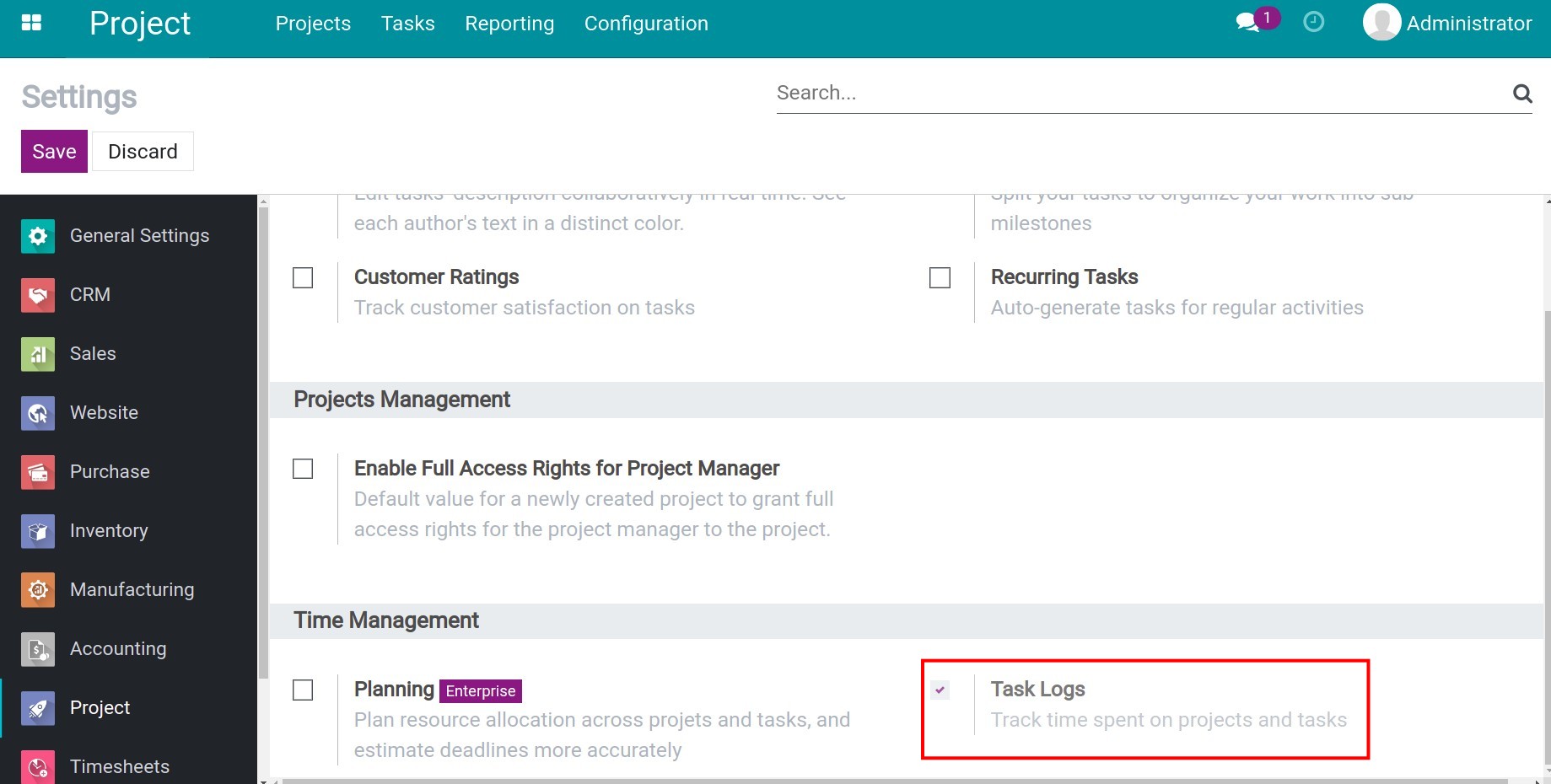 Enable the task logs feature on Project Viindoo