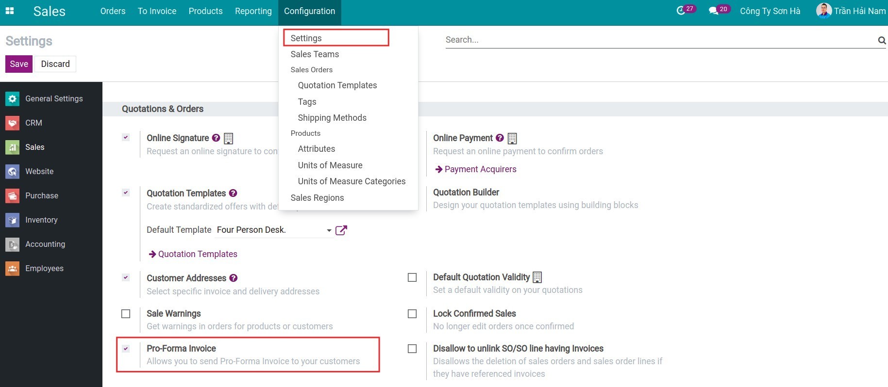 Activate pro-forma invoice feature - Viindoo