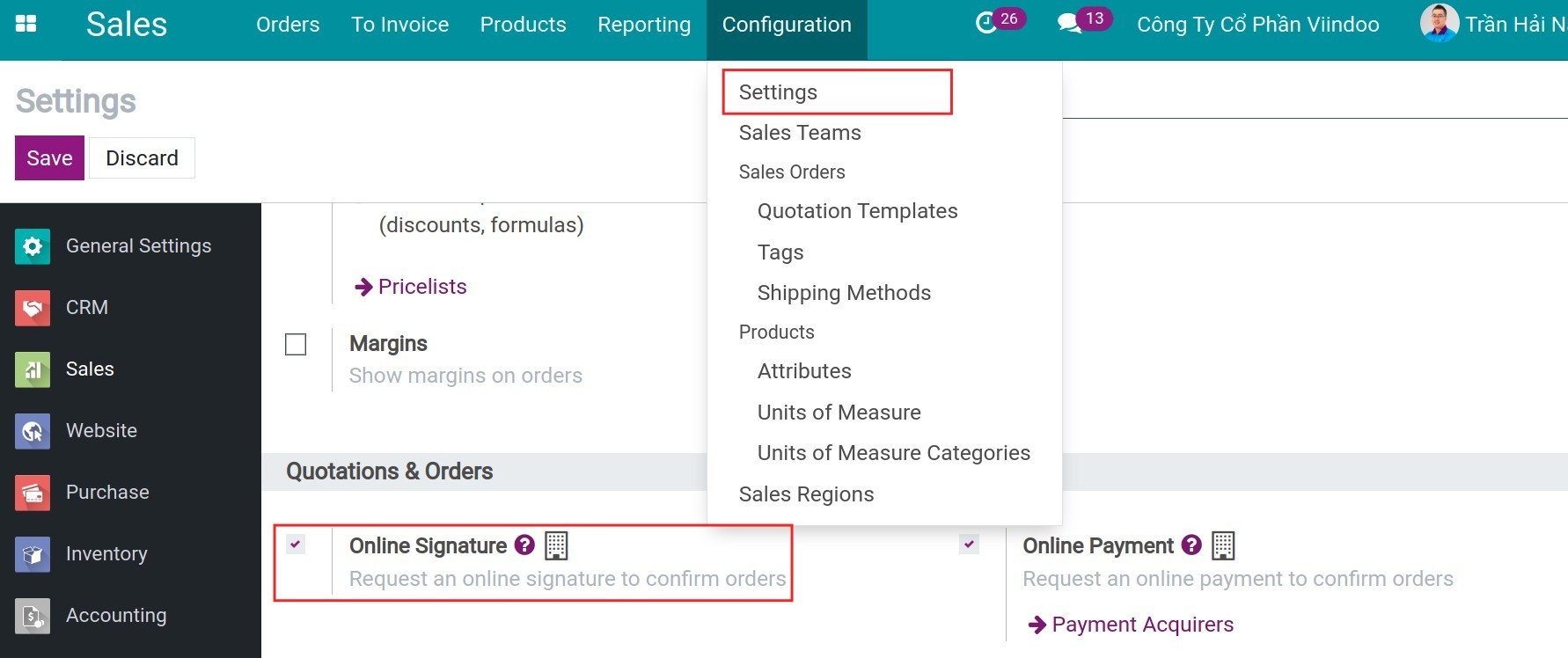 Enable the online signature in Viindoo