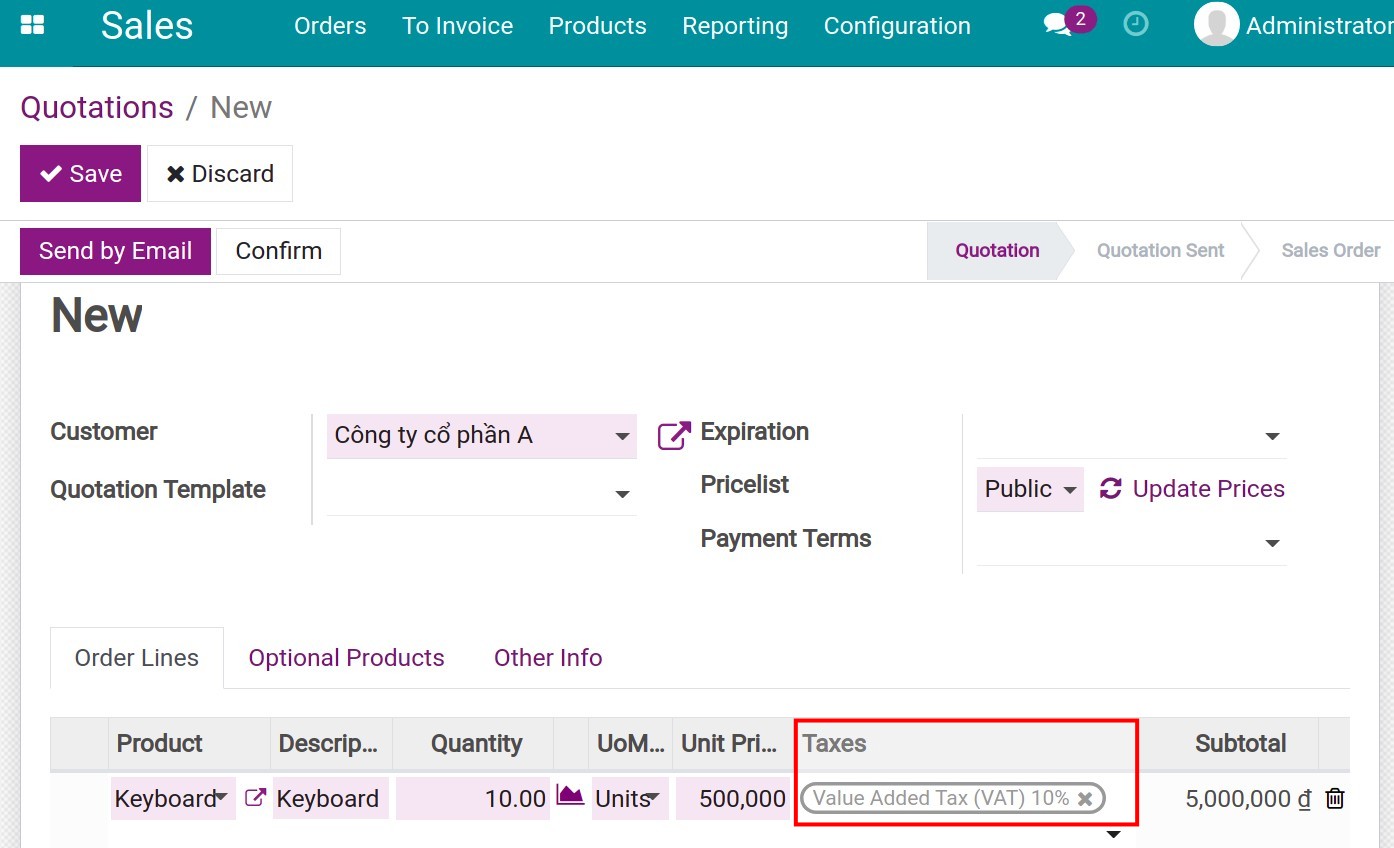 Selected default tax on sales order