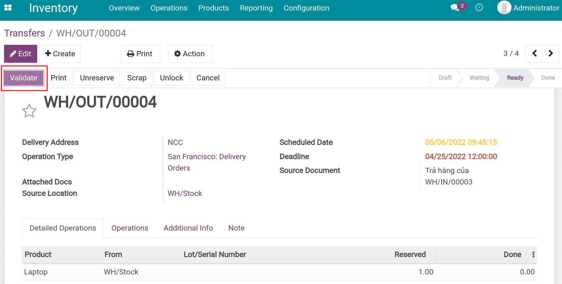 The delivery slip returning to the vendor