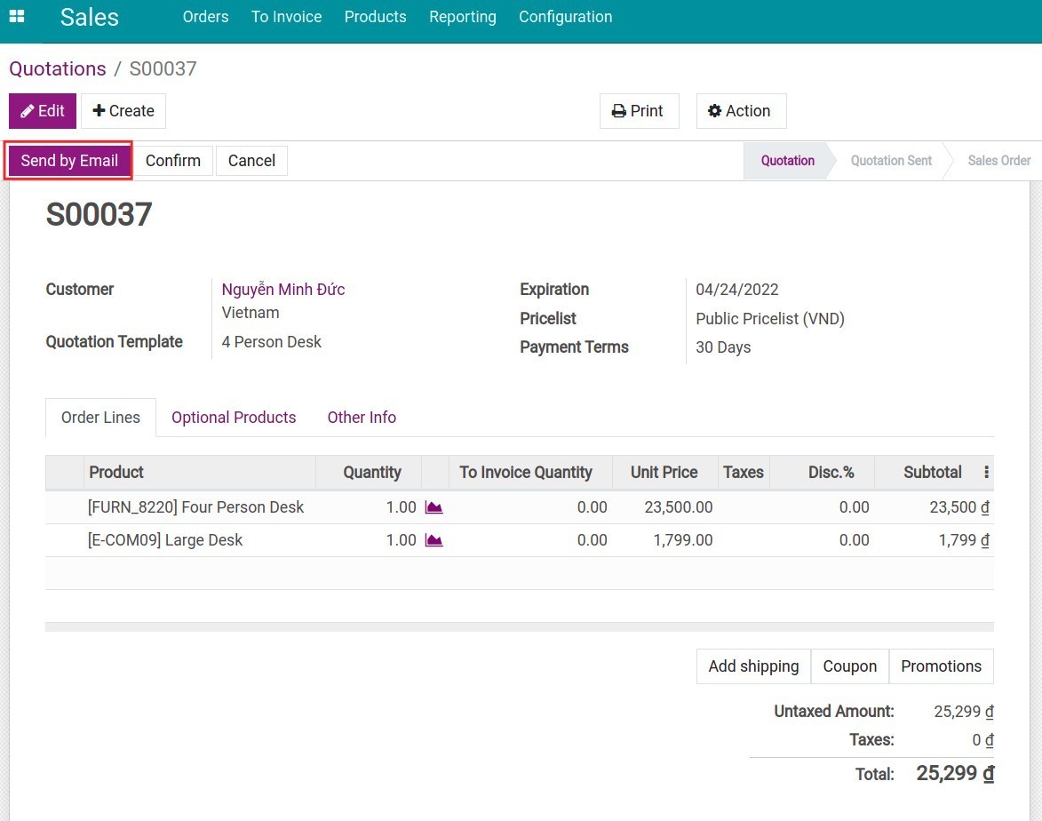 Email quotations to customer in Viindoo