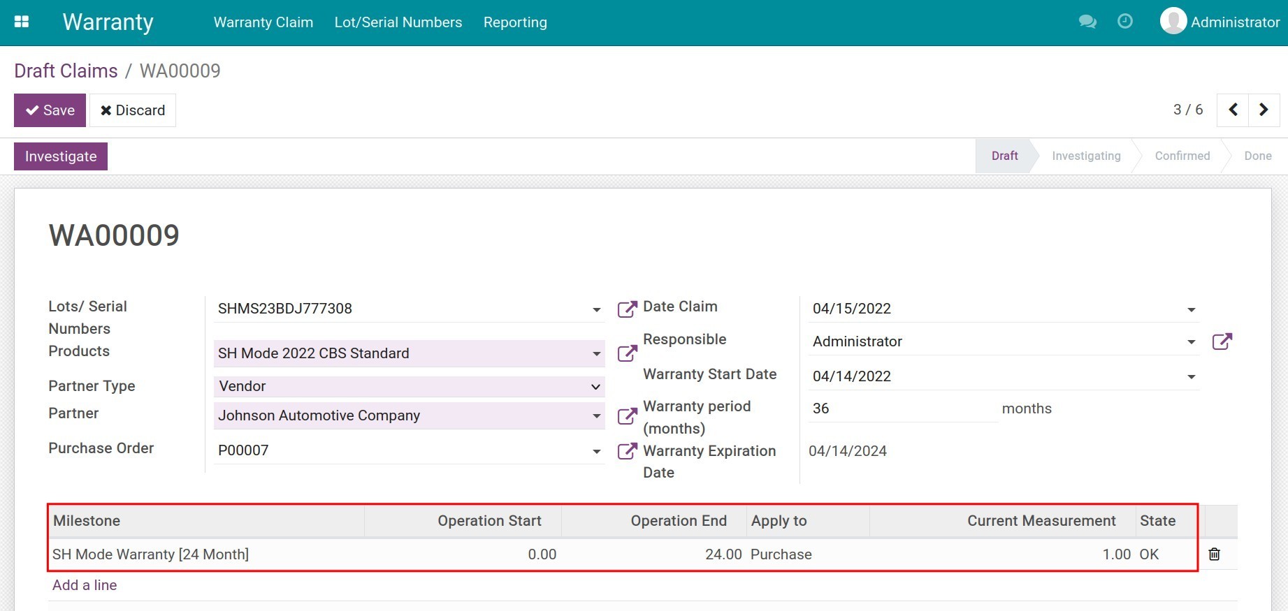 Add milestone details to a warranty claim