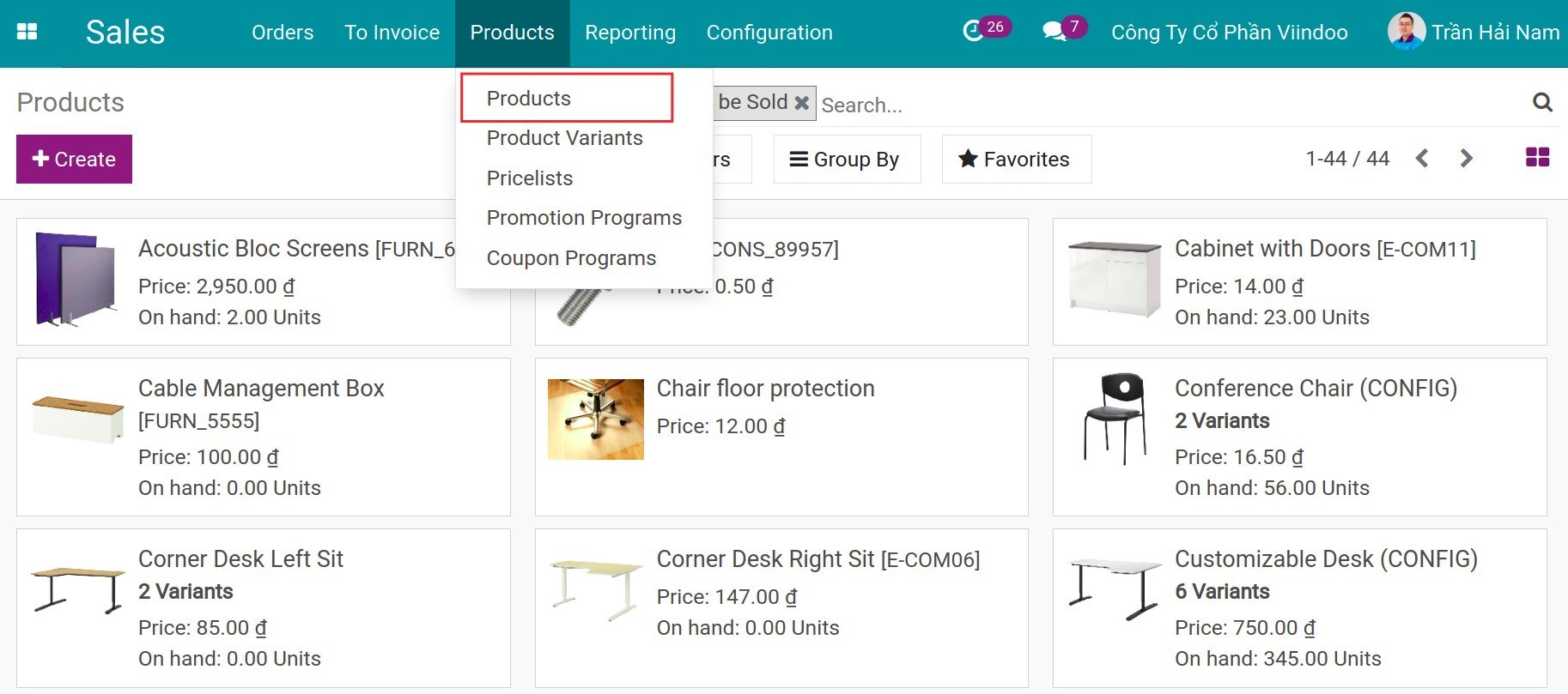List of products in Sales - Viindoo.