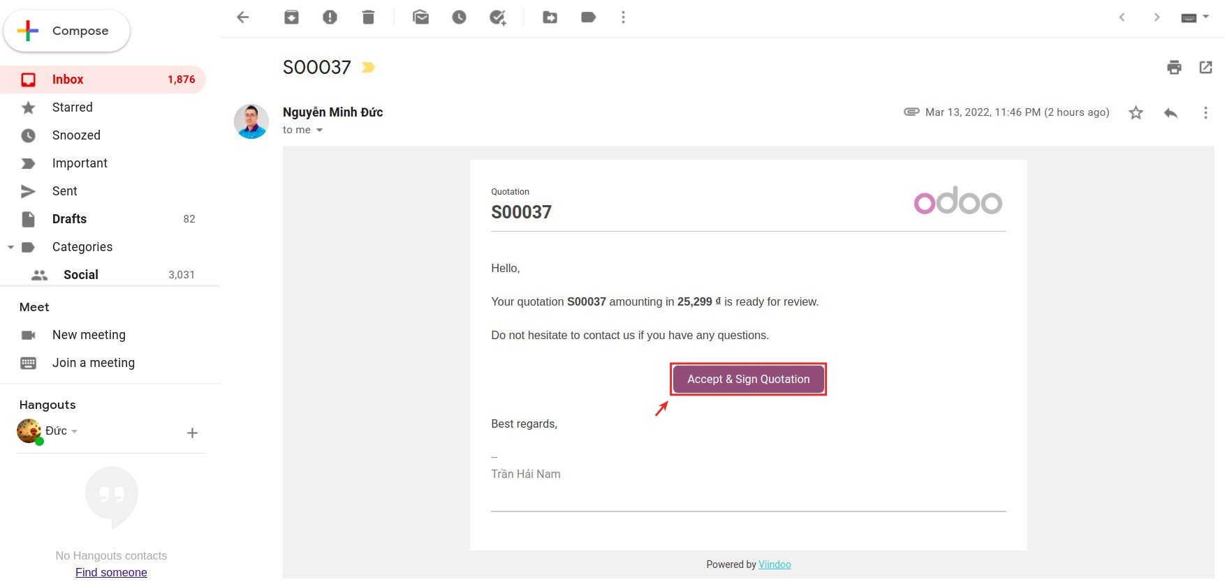 Received email quotation in Viindoo