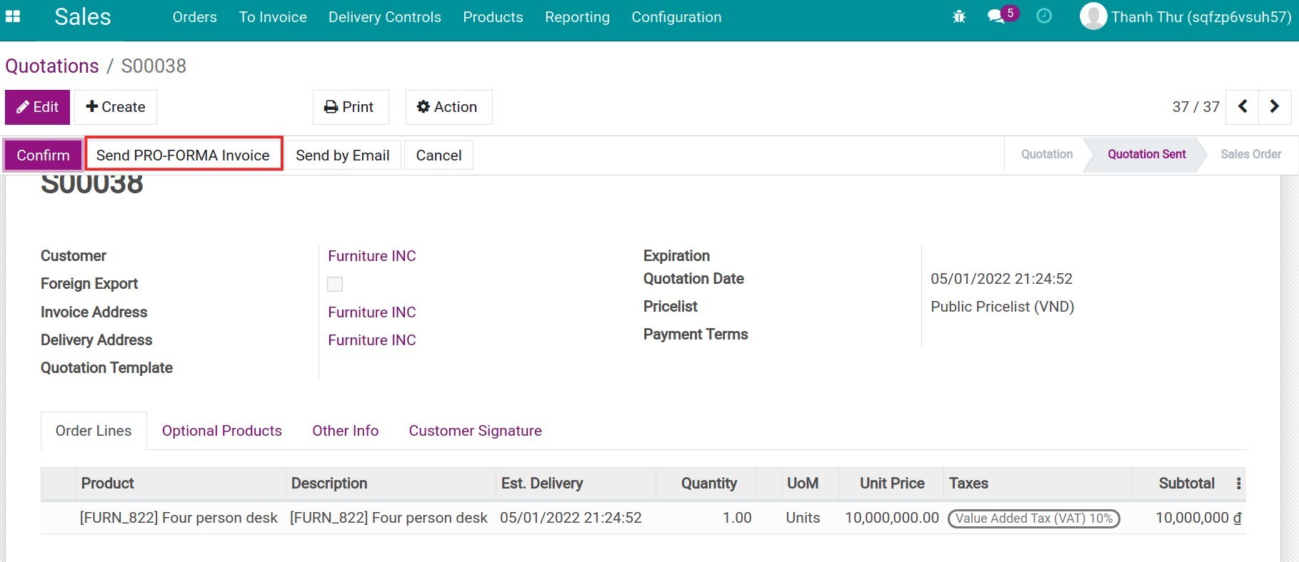 Send a Pro-forma invoice via email - Viindoo