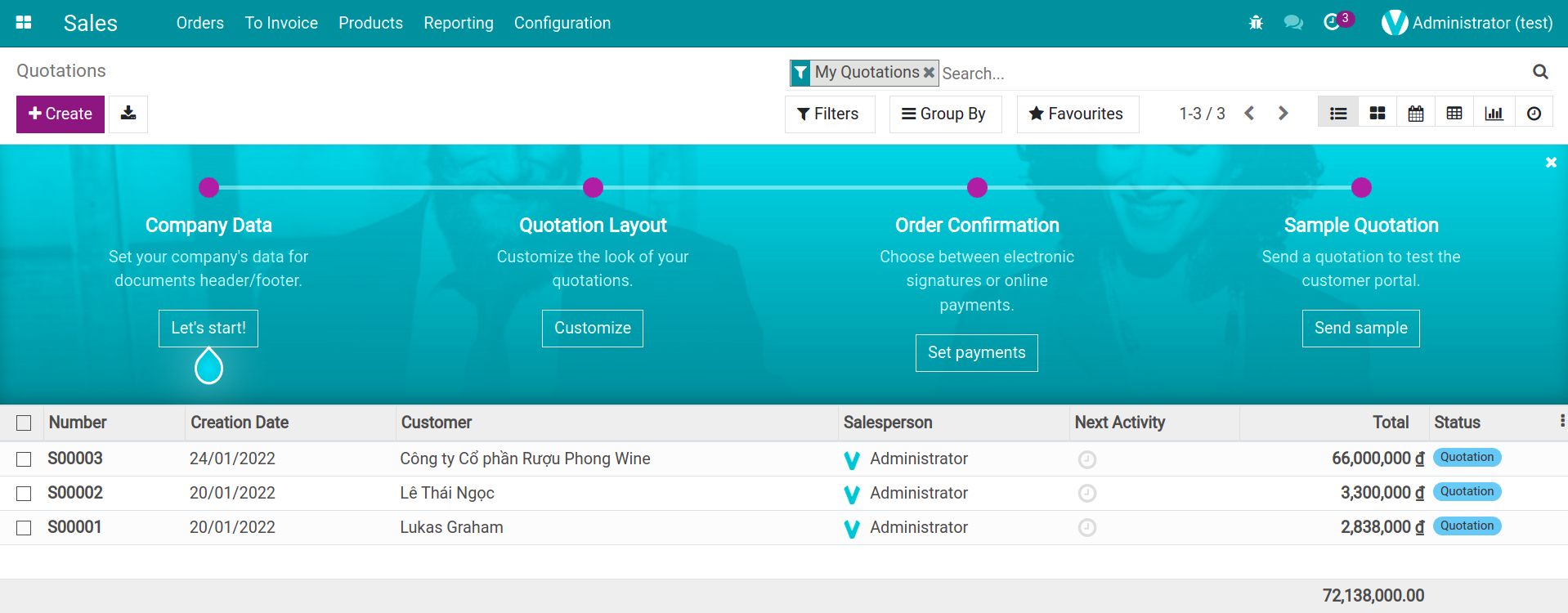 Main menu in Sales application of Viindoo