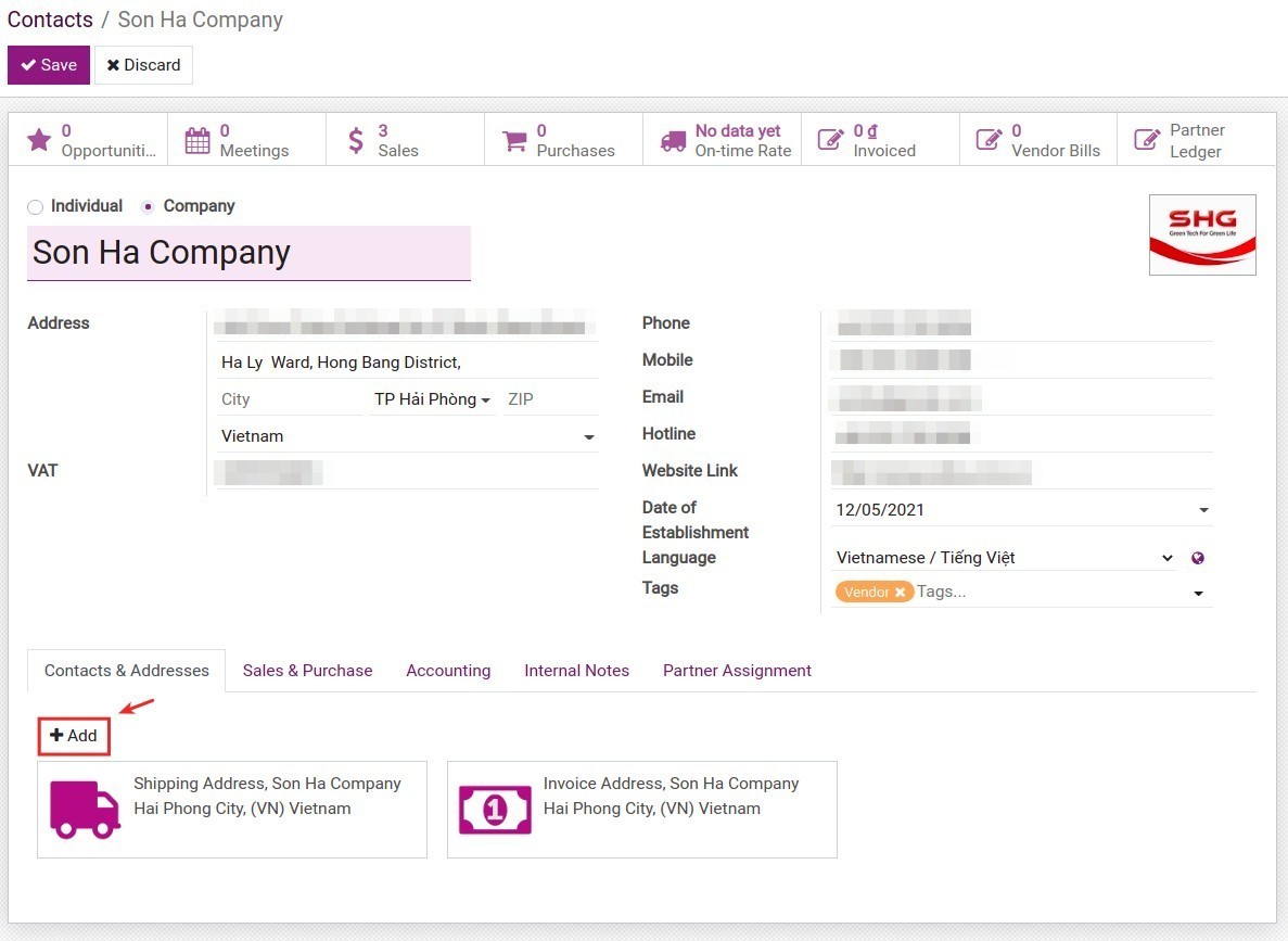 Add invoice address and delivery address Contacts Viindoo