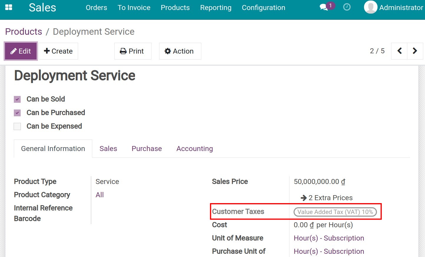 Default tax configuration on products