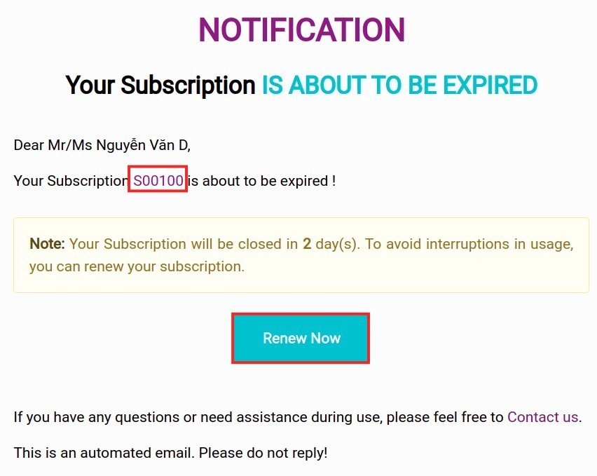 Viindoo Subscription Renewal Notification