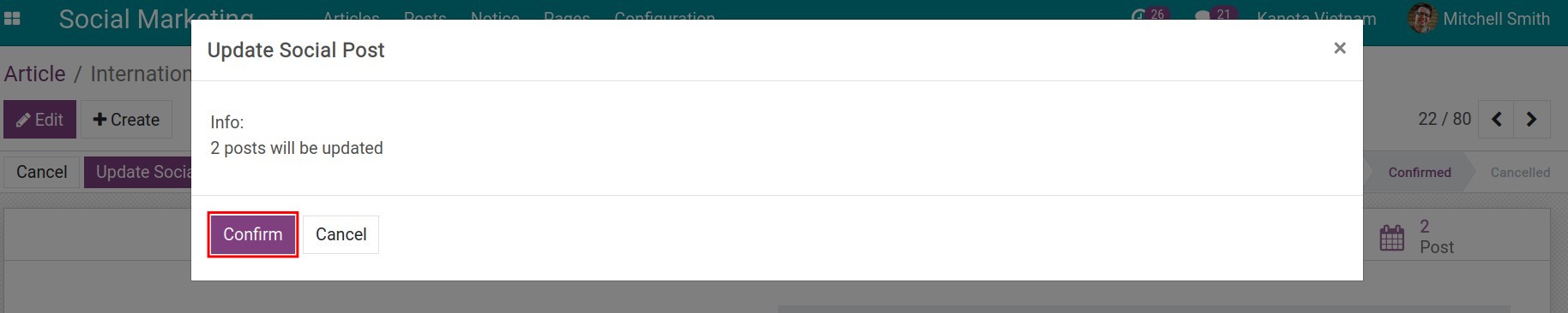 Confirm update social posts Viindoo Social Marketing app