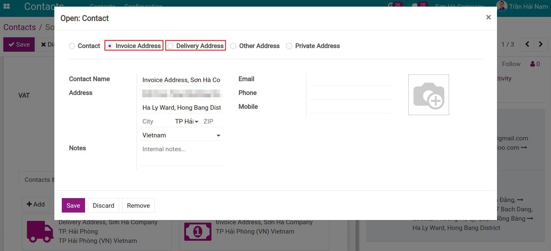 Enter information Invoice Address Delivery Address Contacts Viindoo