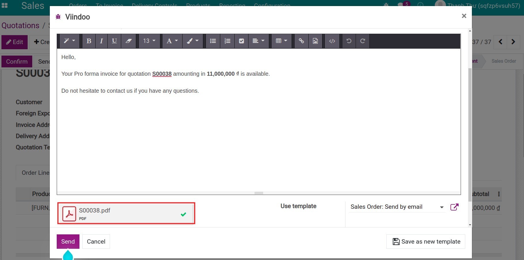 Attached pro-forma invoice in an email - Viindoo