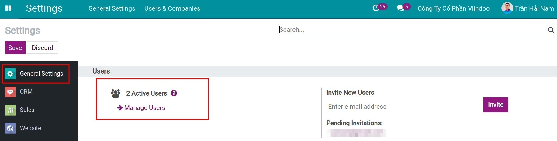 Manage users in general settings -Viindoo