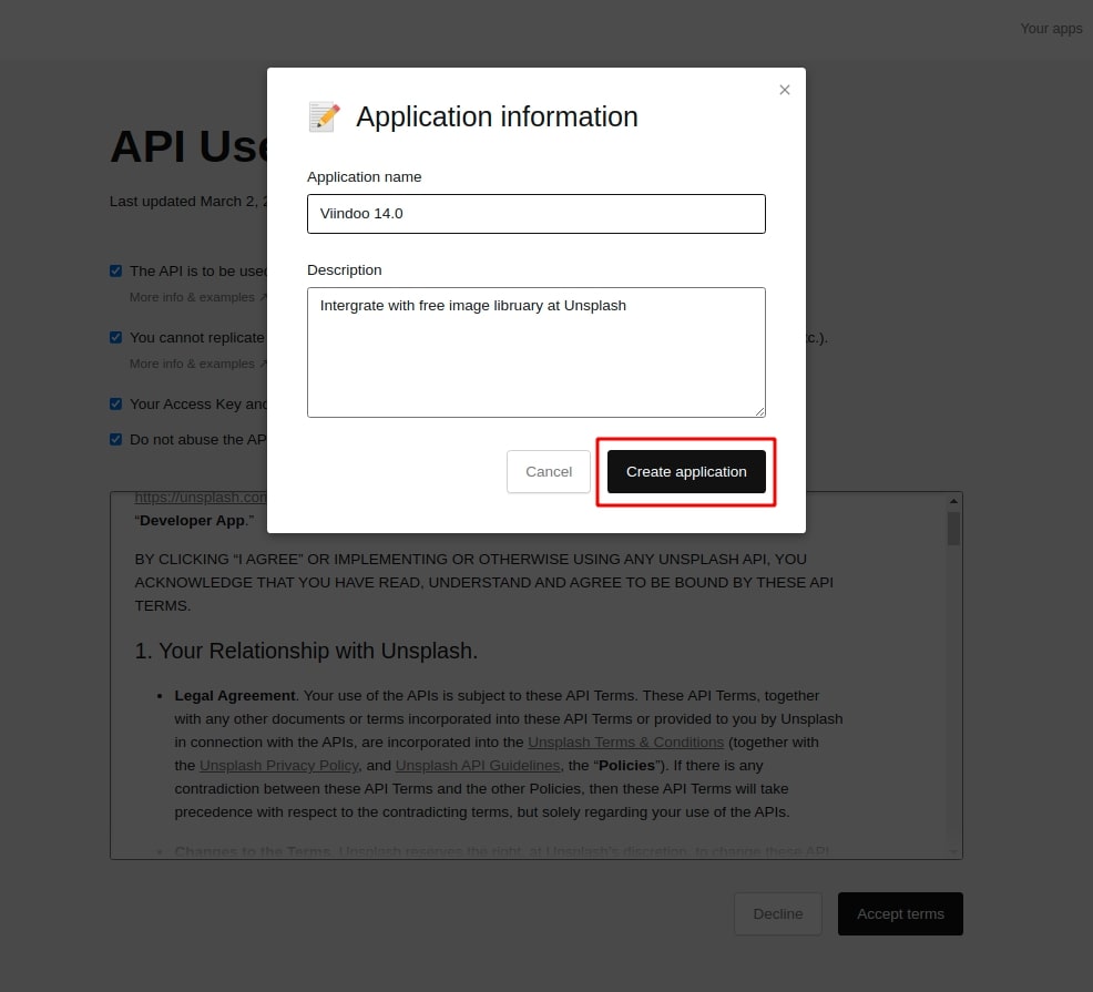 Create new application in Unsplash