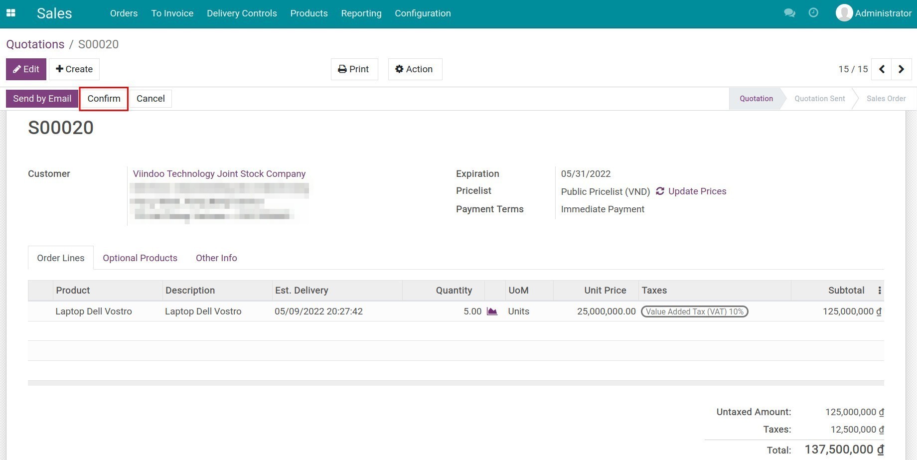 Confirm sales order in Viindoo