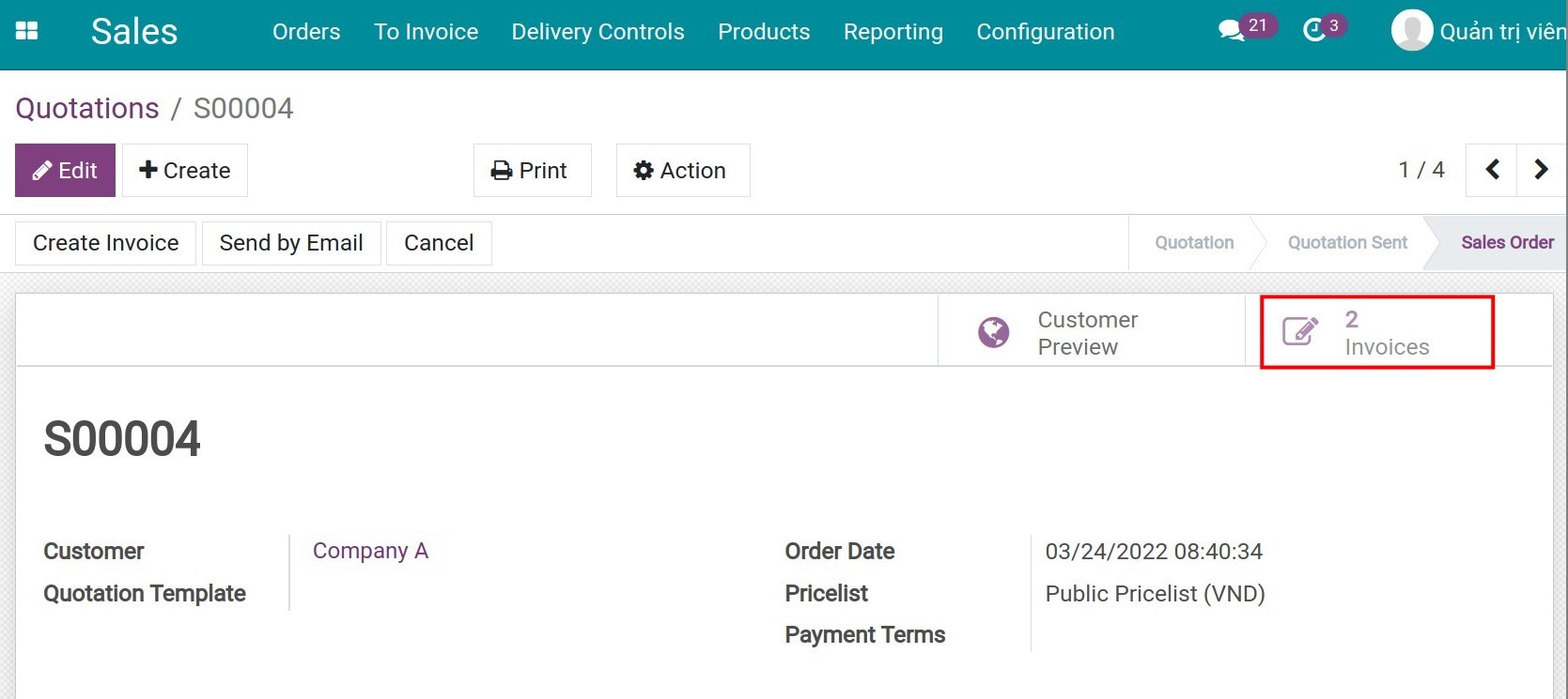 Check the number of invoices created for the order.
