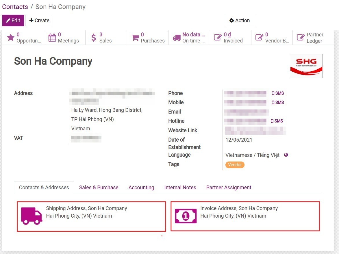 The Invoice Address and Delivery Address are now visible on the view Contacts Viindoo