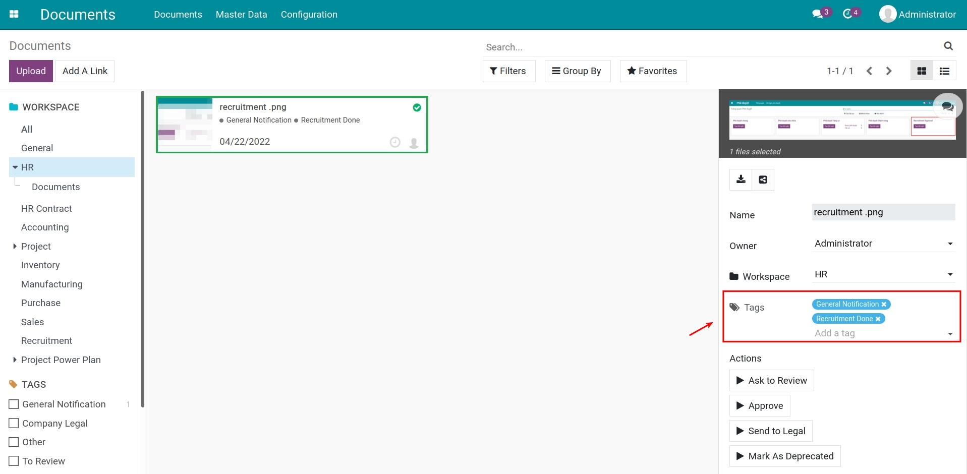 Add a tag to documents in Viindoo