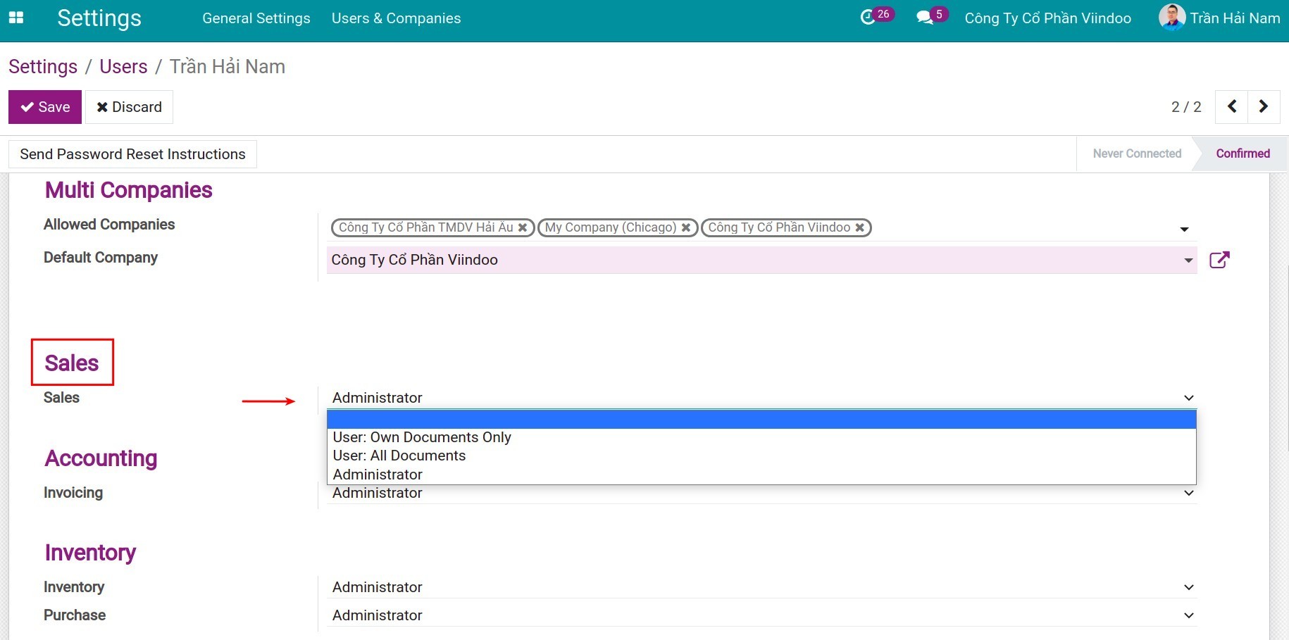 Default roles in the Sales app - Viindoo