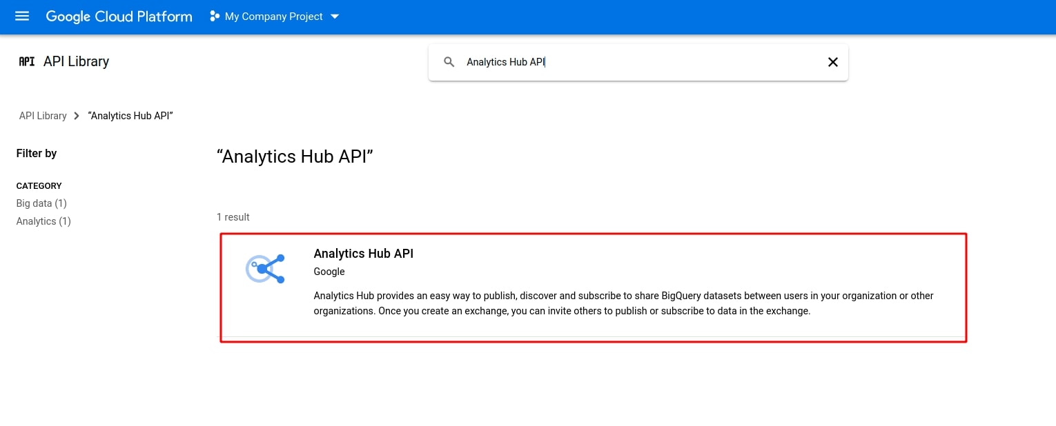 Analytics Hub API in Google APIs platform