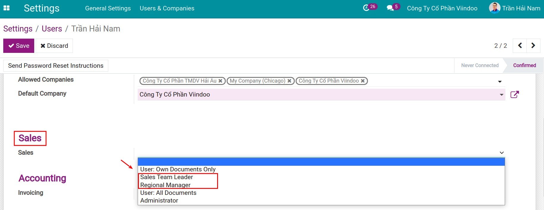Advanced roles in Sales app - Viindoo