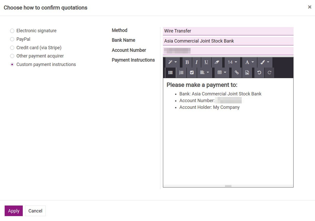 Set up payment method for order confirmation - Viindoo