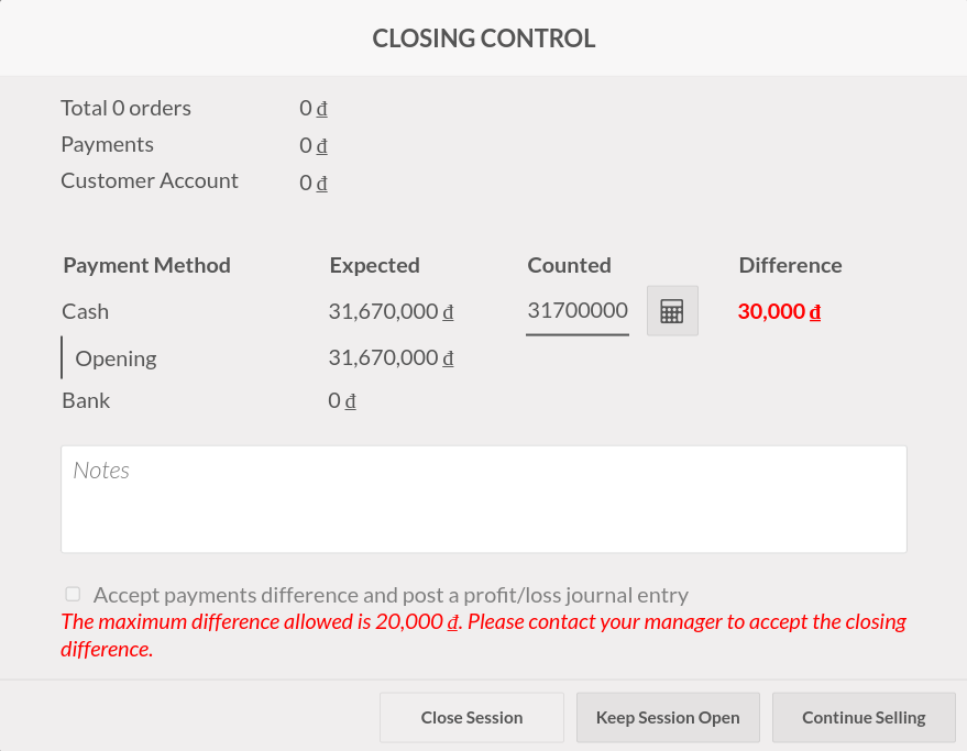 Closing balance difference is bigger than the authorized amount