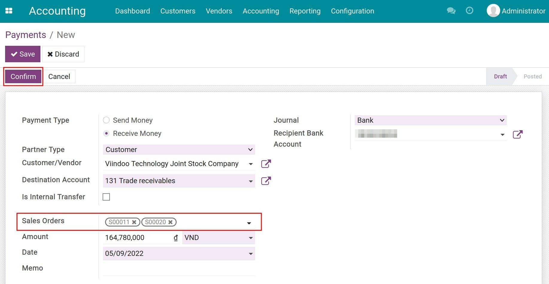 Record the payment note in Viindoo