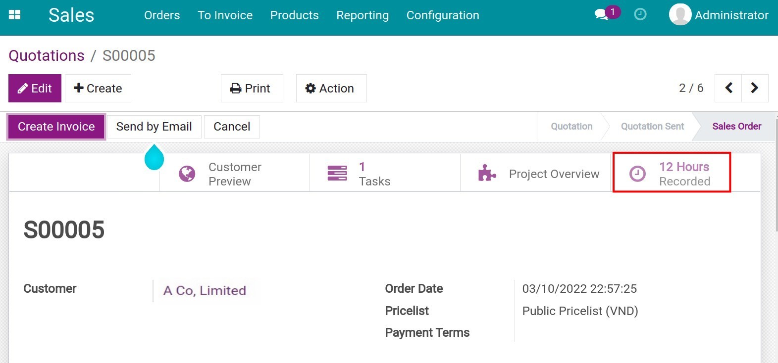 The number of hours displayed on the sales order Viindoo