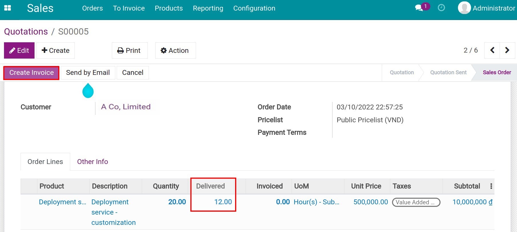 Sum of hours on the detailed line of the sale order Viindoo.