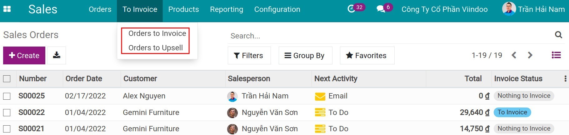 Orders in invoices in Sales app - Viindoo