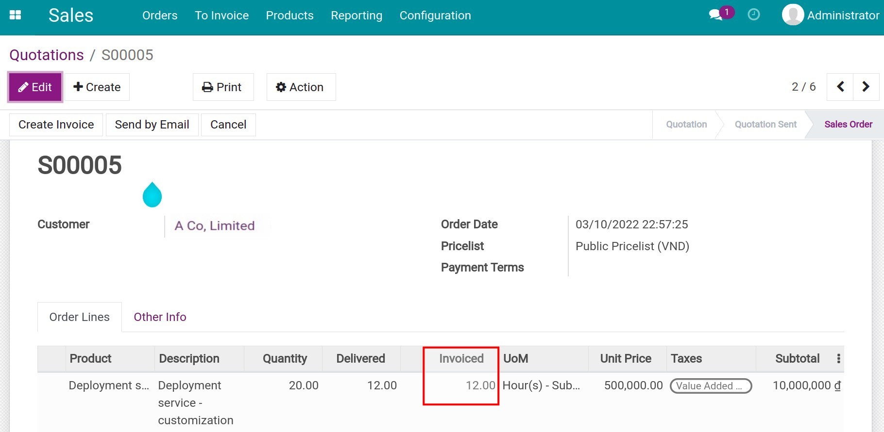 Update the number of hours after invoicing to the customer Viindoo.