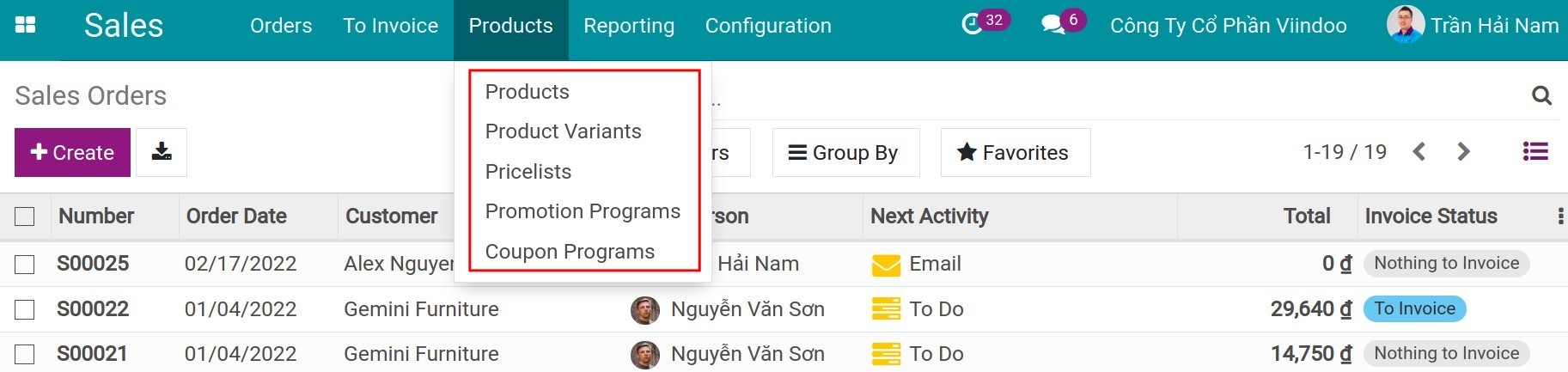 Products in Sales app - Viindoo