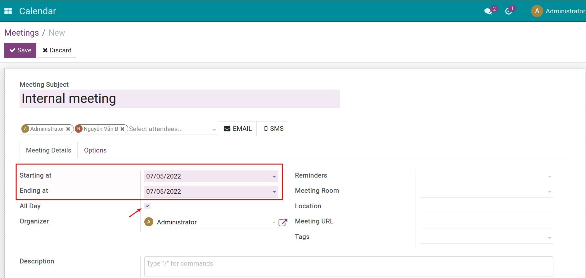 the All day option for the long meeting