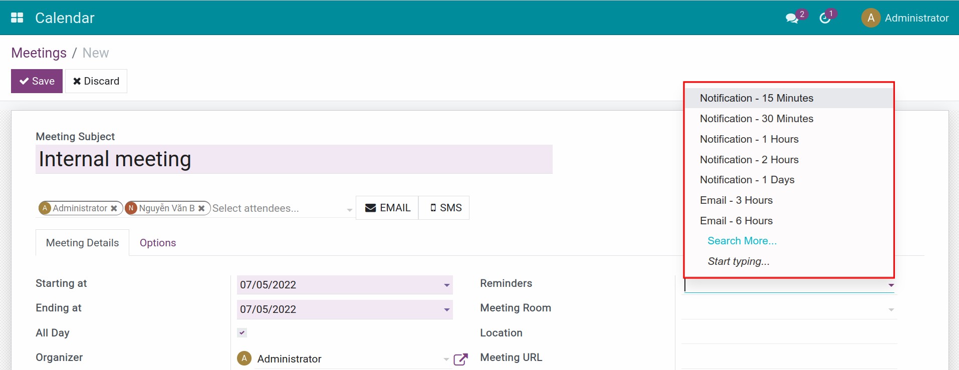 Reminding the meeting by Viindoo notification or email