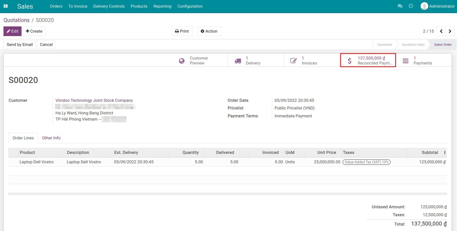 The payment information linked to the sales order in Viindoo
