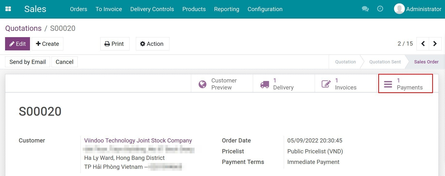 Record the payment in Sales Order