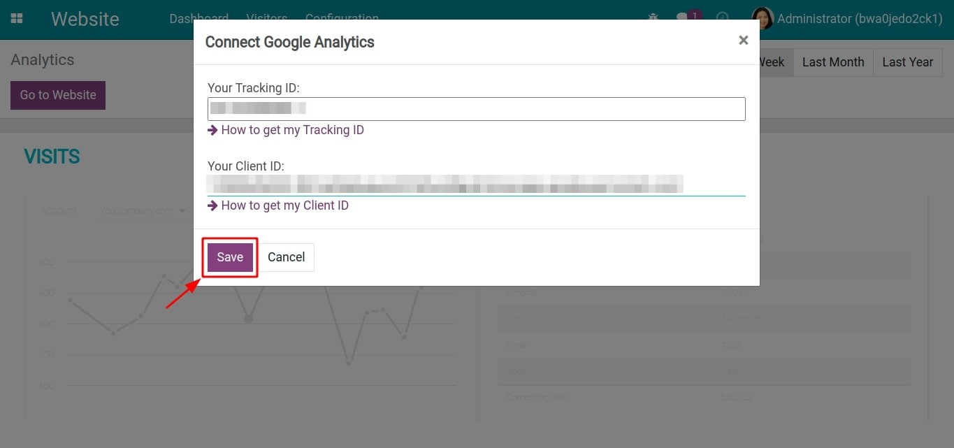 Save Tracking ID and Client ID in Viindoo Website app