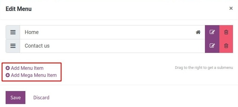 Add menu items and mega menu items to your website