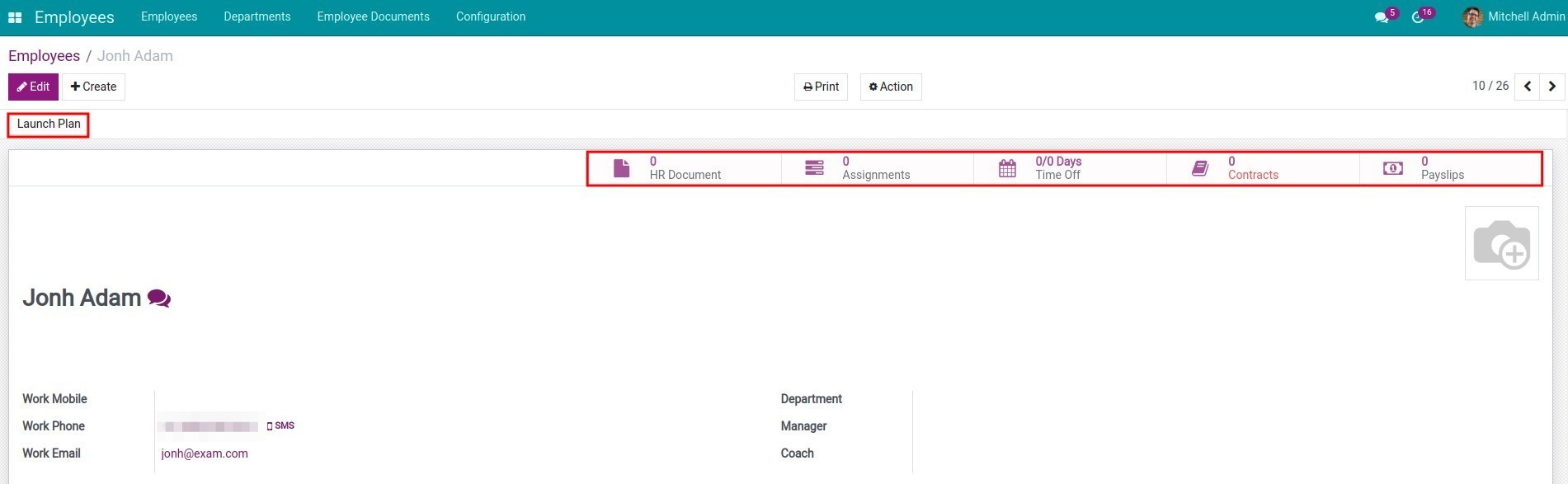 Viindoo smart buttons on the employee view