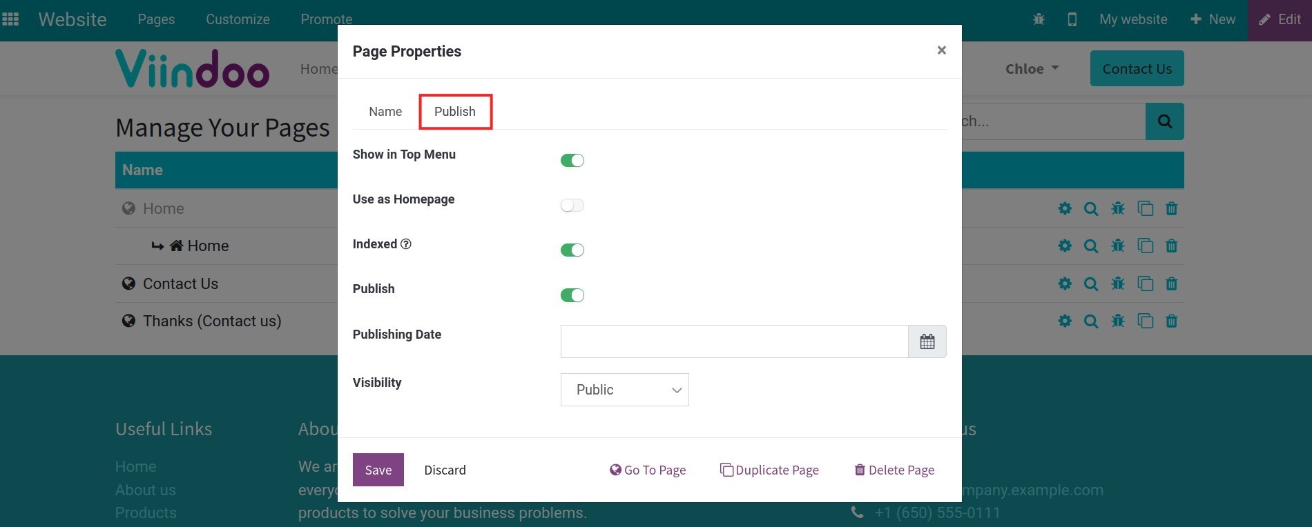 Publish set up in page properties