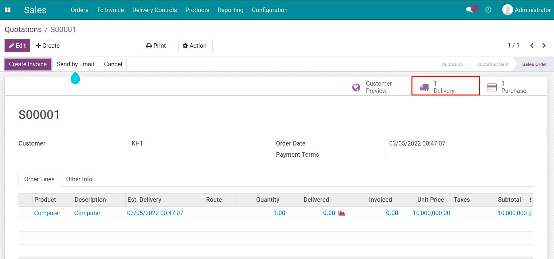 Delivery button Sales order Viindoo