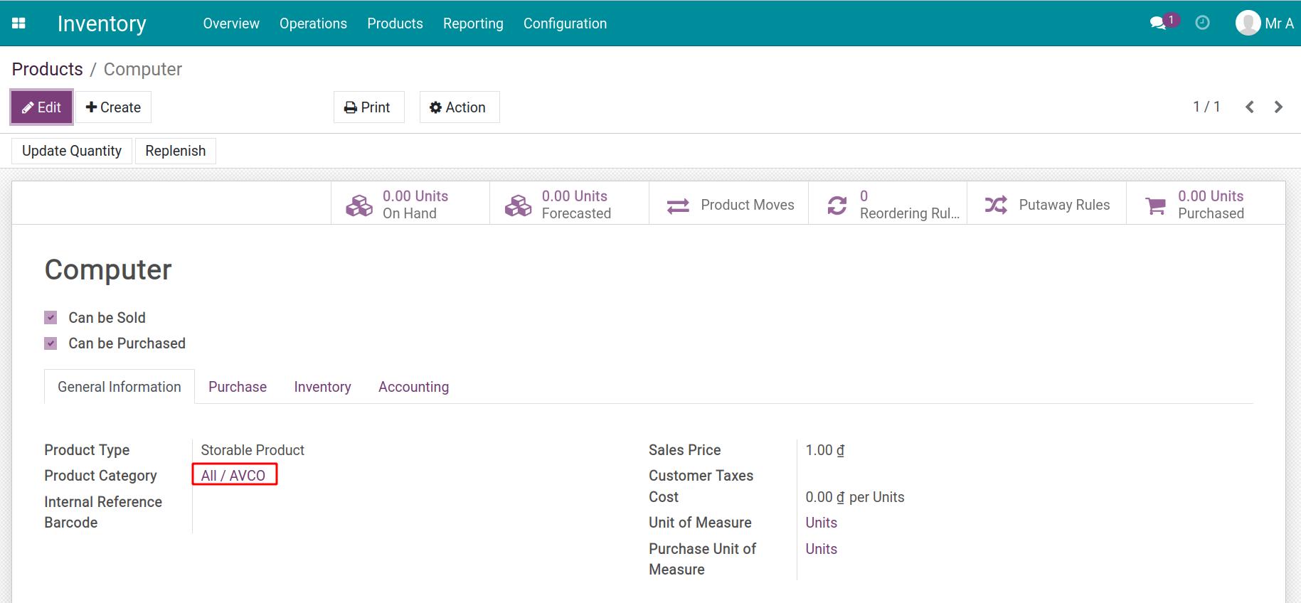 Configure the average cost in Product