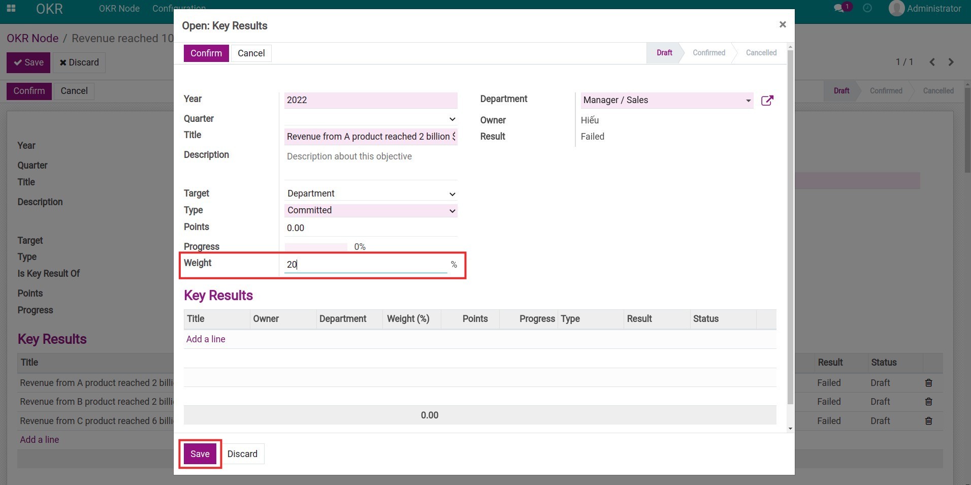 Configure weight for each key result in Viindoo OKR