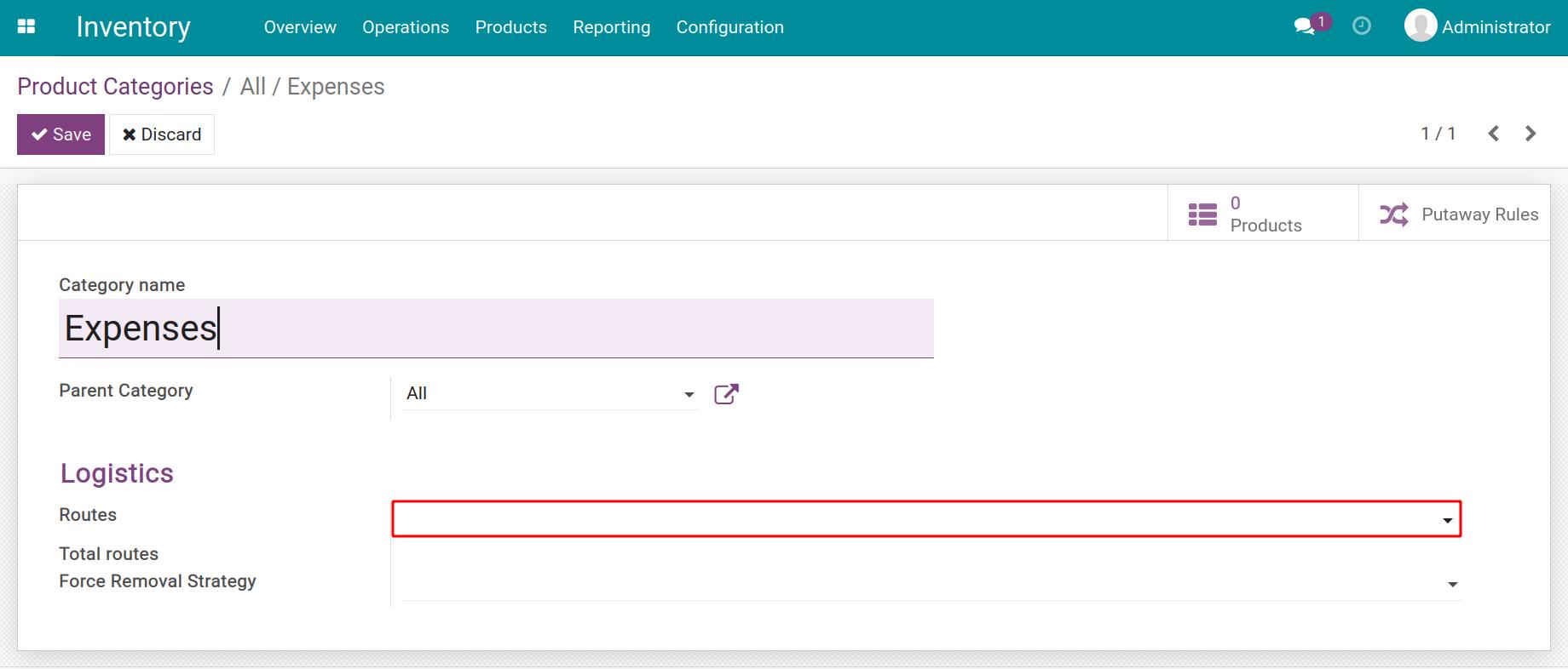 Route configuration on Product Category Inventory Viindoo