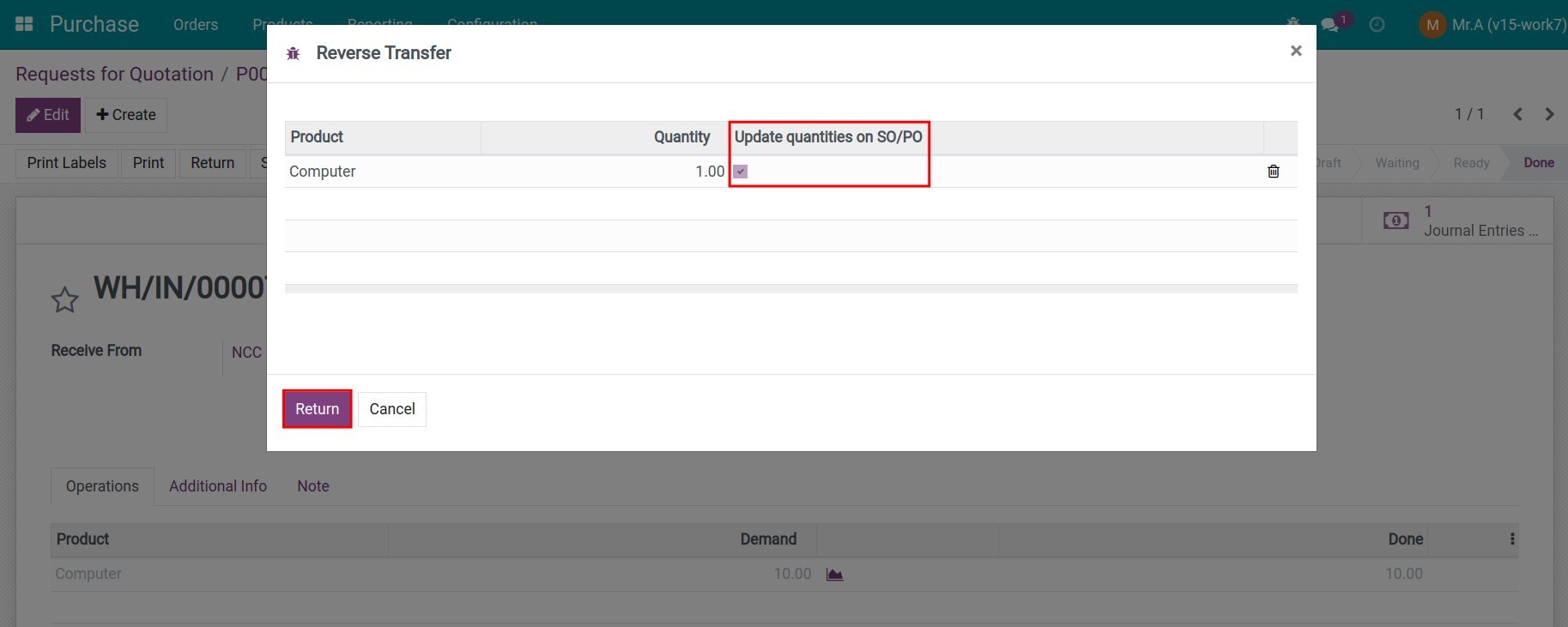 Return button in the *Reverse Transfer* window
