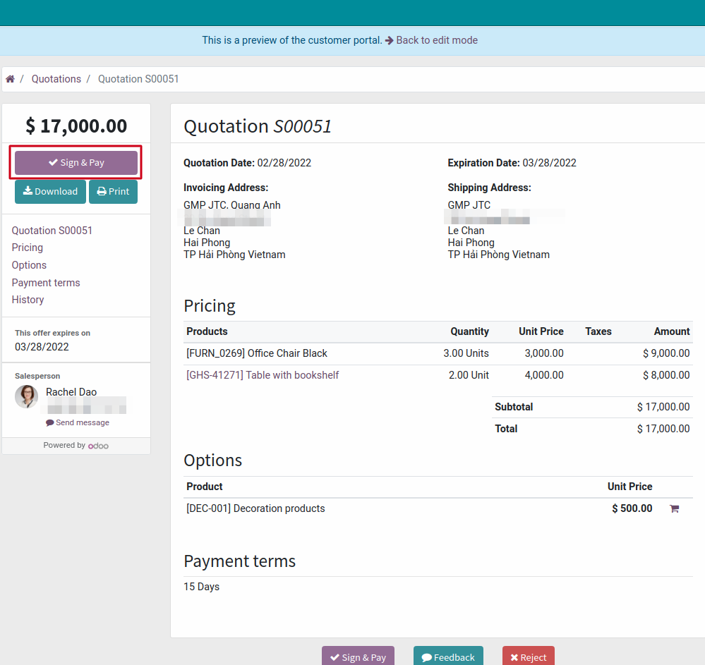 Online quotation on the website - Viindoo