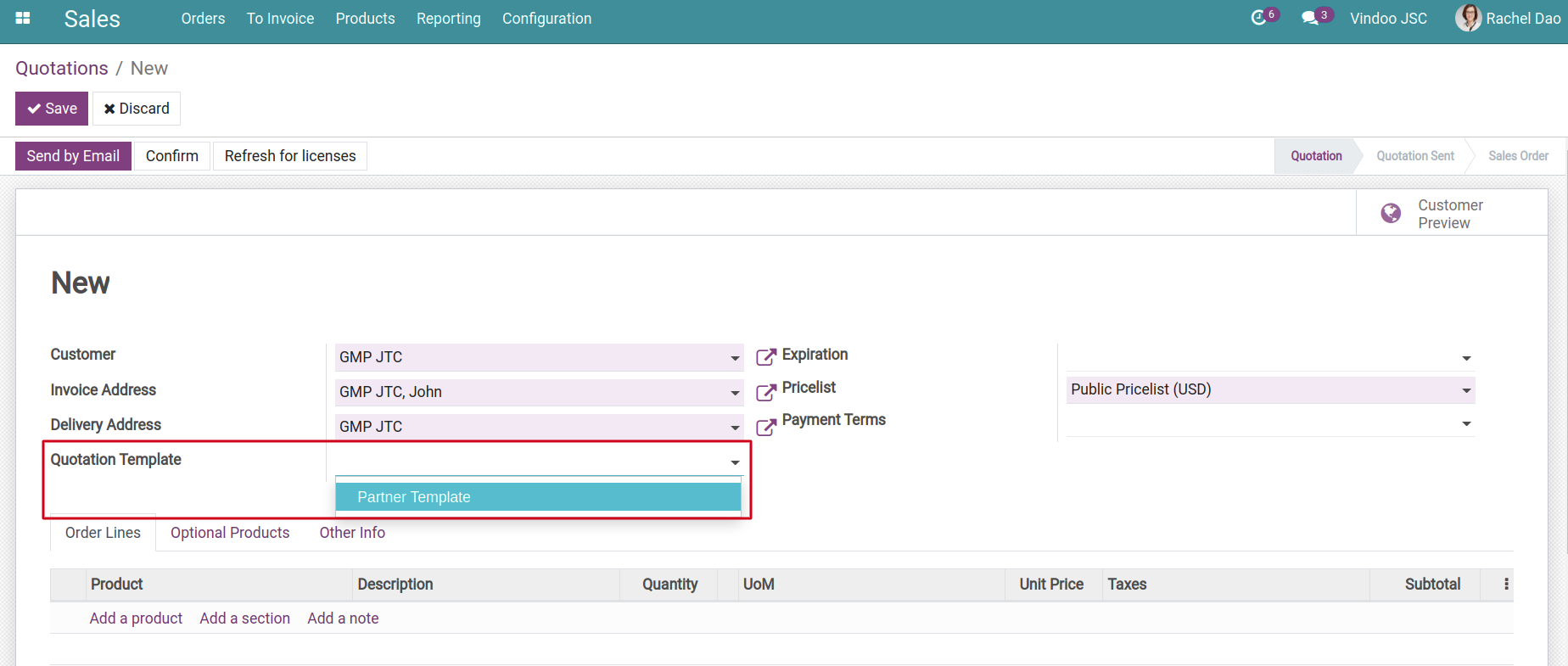 Select customers and quotation templates in quotations